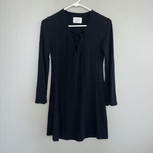 Southcott Woman’s Black Mini Dress Size 0 Small Lace Up V-neck 3/4 Bell Sleeve